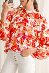 Orange Boho Floral Lantern Sleeve Blouse